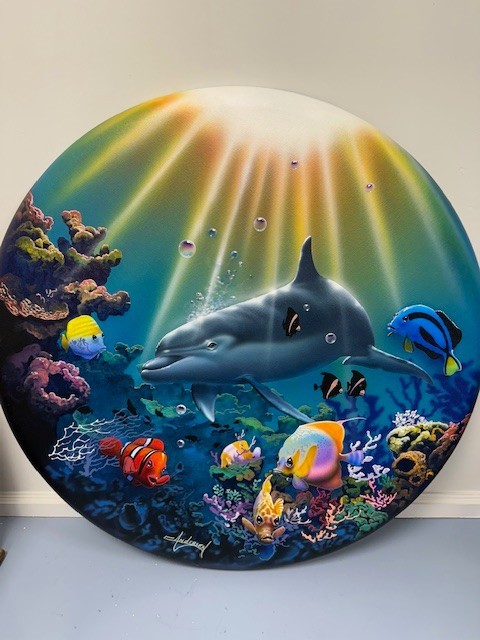 Original (signed x2) Claus Andersen ‘Round Aquatic’ 30″ Oval Canvas Oil Painting