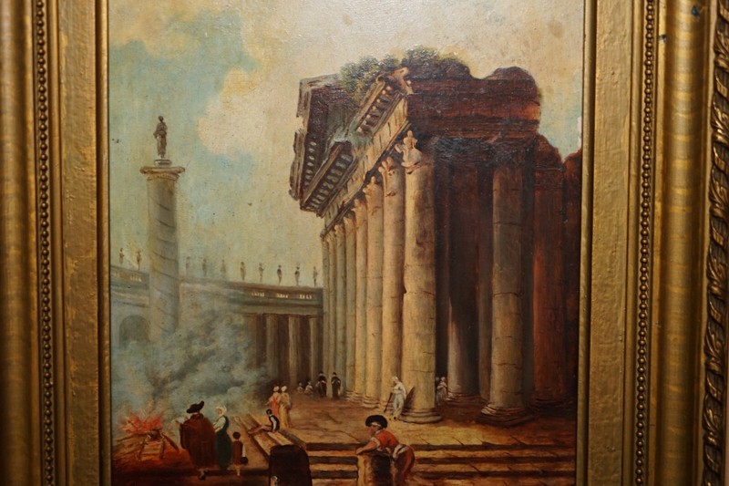 ANTIQUE GRAND TOUR MARCUS AURELIUS STATUE CORINTHIAN PILLAR ROMAN OIL PAINTING gallery