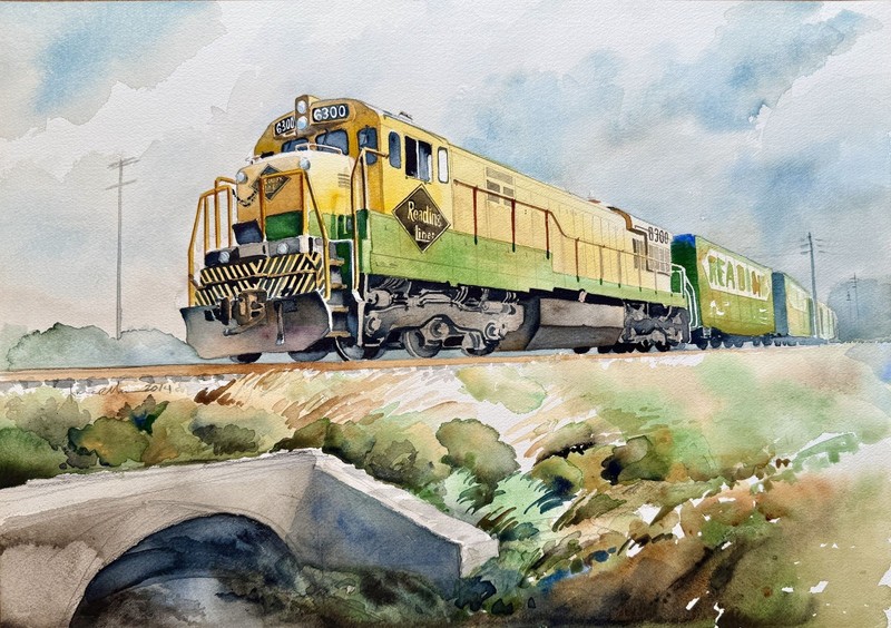 Reading RR Bee Line GE U30C #6300. James Mann original watercolor train painting