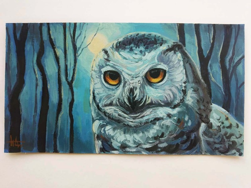 Original Oil Painting Owl at Night 6 x 11 inches Full Moon in the Forest gallery