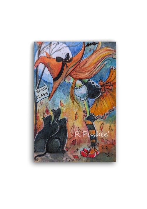 ACEO… ORIGINAL , Whimsical Festive Witch, fall leaves, Cats