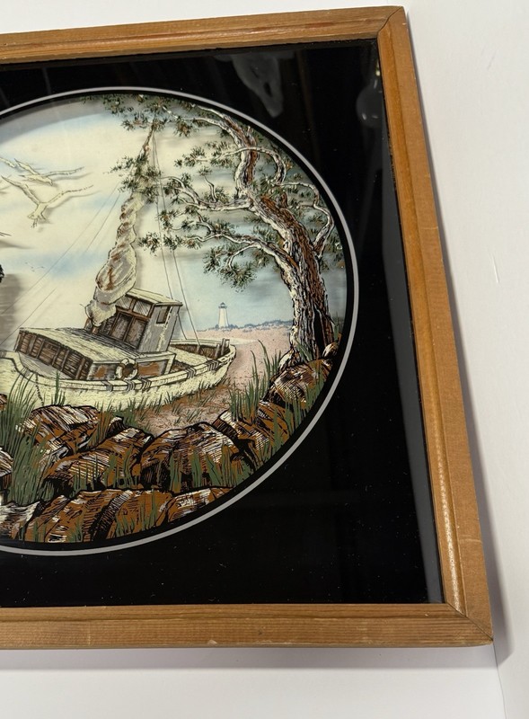 Vtg Framed Tom Cryer Style Reverse Painting SailBoat Seagull Beach 17 X 17” gallery