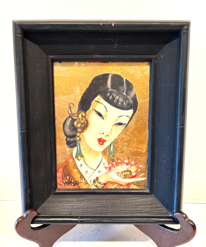 VTG RARE STYLIZED ASIAN PORTRAIT REVERSE GLASS PAINTING ,GILDED, 1950’S MCM ‘B»
