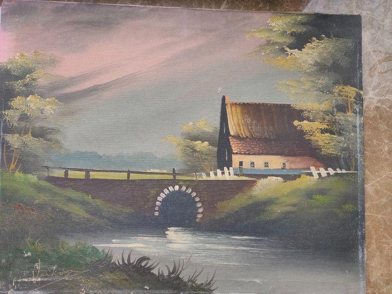 Painting Landscape with a River, signed by the author.