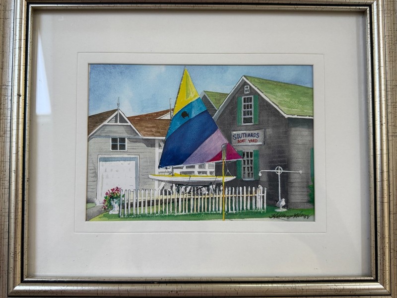 Signed Framed Watercolor Southards Boat Yard Sailboat Coastal Art 1989