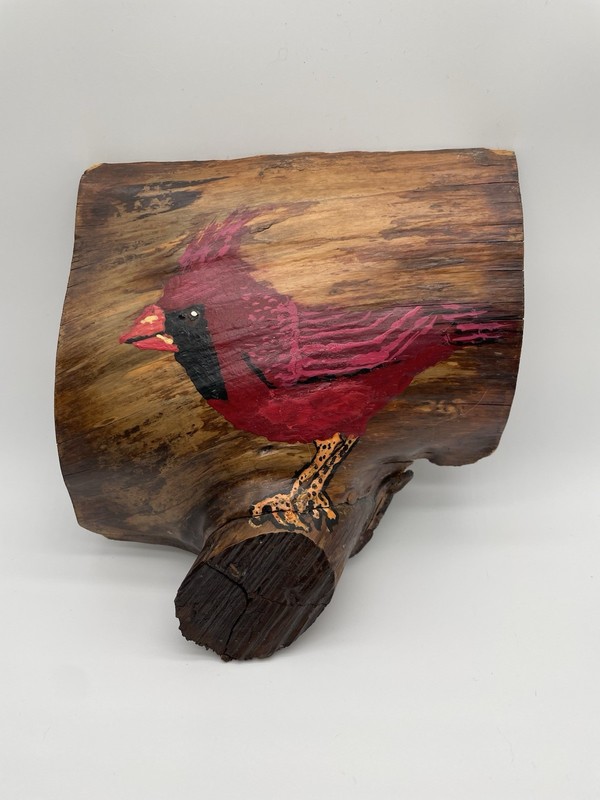 Vintage Cardinal Hand Painted On Wood Branch Artist Signed Wall Art