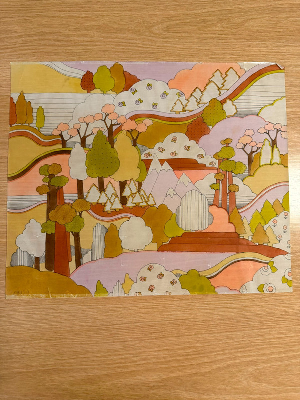 Original Gouache Textile Design Surreal Pastel Landscape Cloud Tree Motif