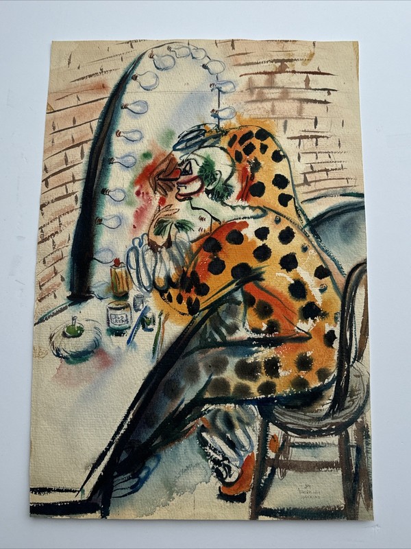 MID CENTURY PAINTING CIRCUS CLOWN PERFORMER PORTRAIT THEATRE HANKINS 1940’S