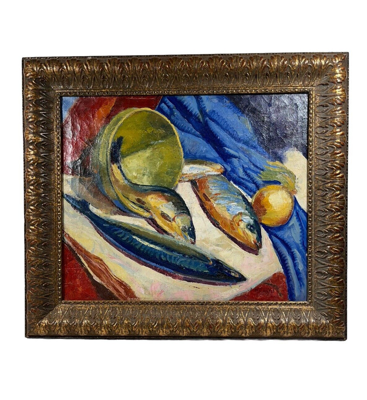WALTER MAZESKI ANTIQUE FISH STILL LIFE VINTAGE ORIGINAL ON CANVAS OIL PAINTING