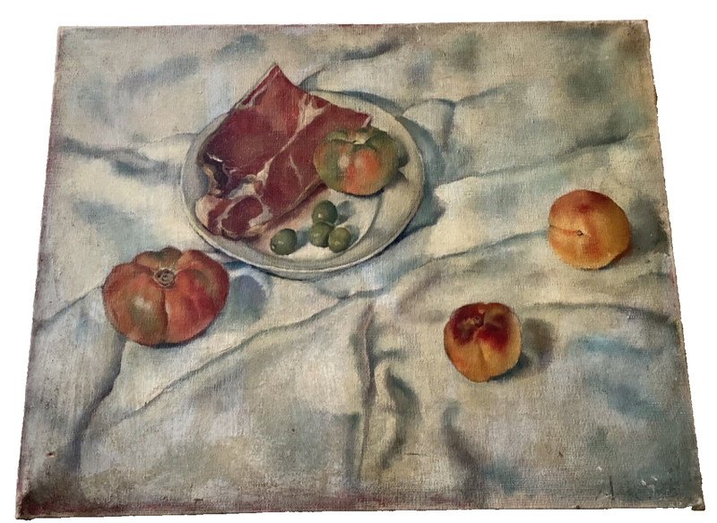 1920’s Antique STILL LIFE with Ham Oil Painting – MYSTERY French Painter