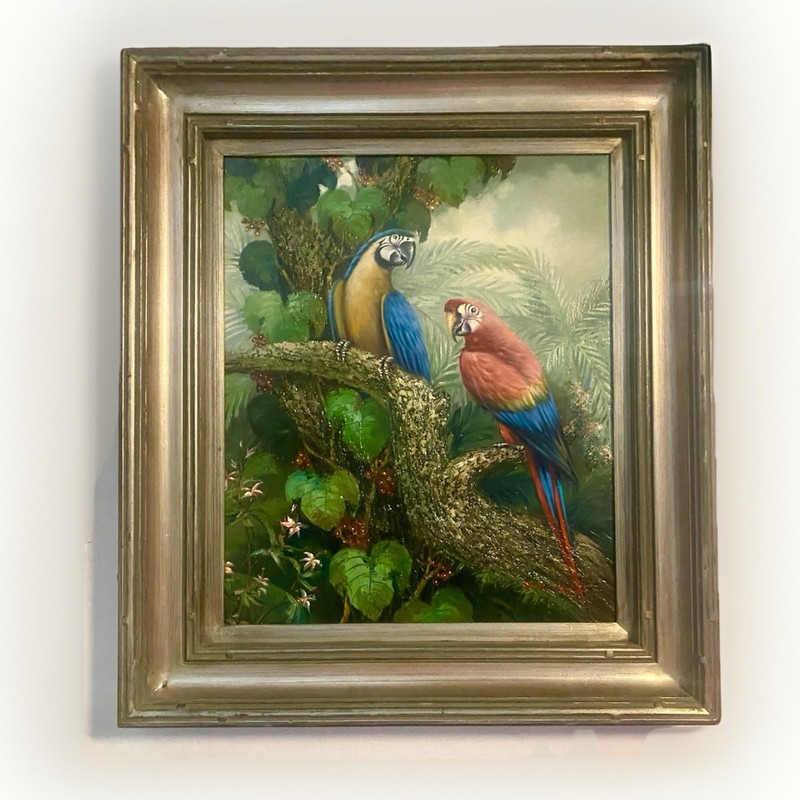 Vintage Guy Perlman Oil Painting Two Macaw Parrots Tropical Art Framed COA 33x29