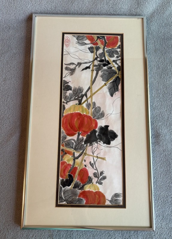 Chinese Watercolor Painting Silver Frame Gourds Vines Signed Vintage