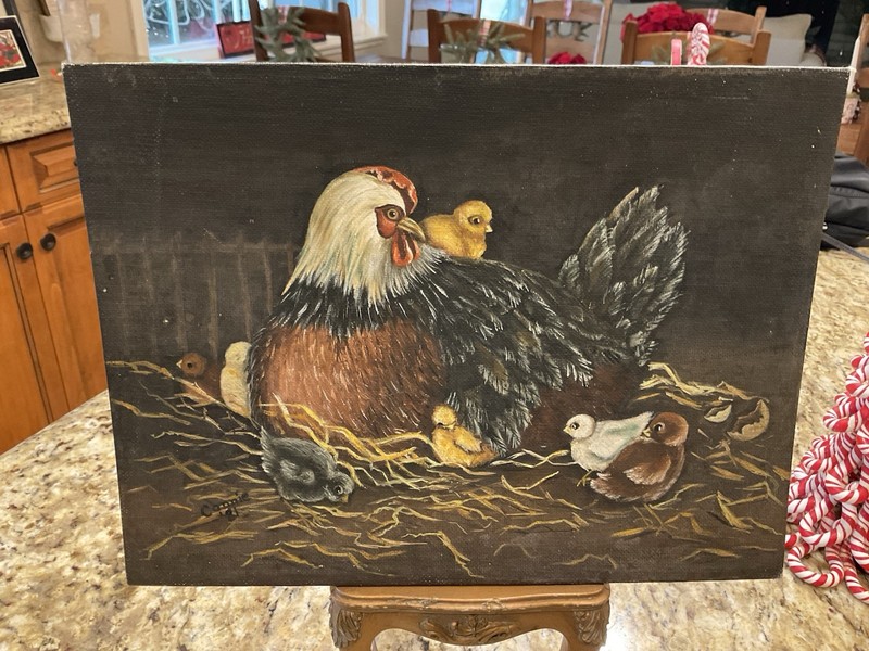 Vintage Original Art Painting Hen On Nest With Baby Chicks, Signed