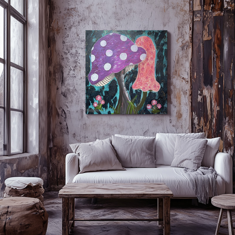 Original Mushroom Painting Canvas 24x24 Colorful Floral Nature Wall Art Acrylic gallery