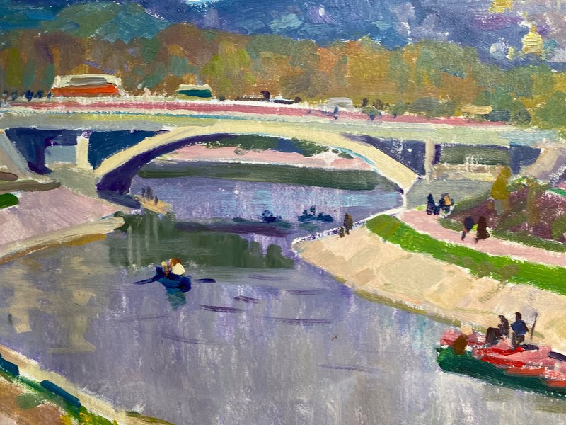 :: ÖLGEMÄLDE STADTANSICHT MIT BRÜCKE UND FLUß IN RUSSLAND BOOTE UND MESCHEN gallery