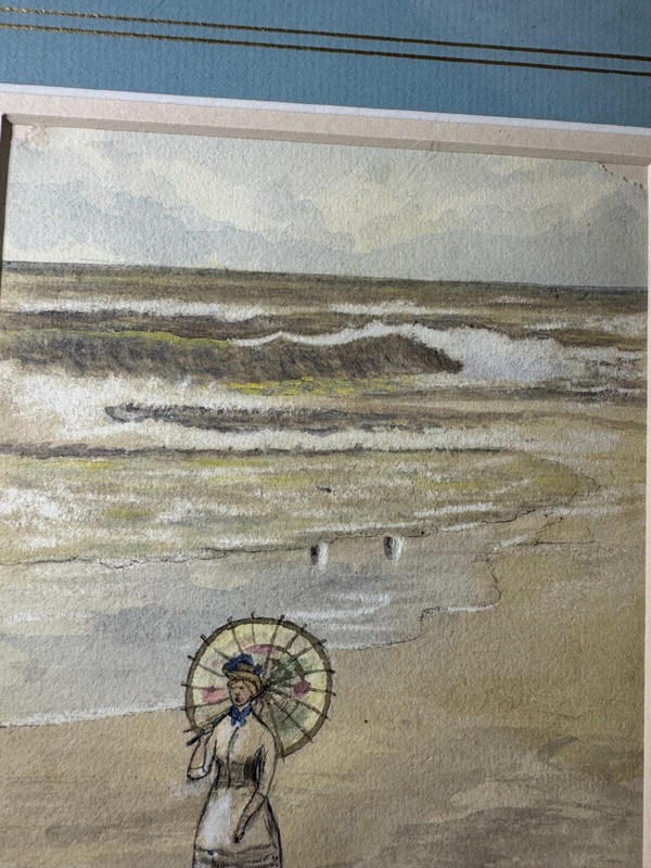 Vintage "Woman With Parasol On Beach Scene" Watercolor Painting - Signed/Framed gallery