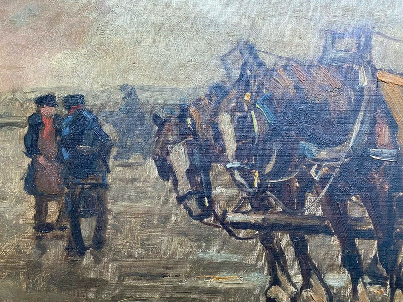 Frans Finally *1880 -1965 °Oil Painting Horse Team at the Beach Signed Frame gallery