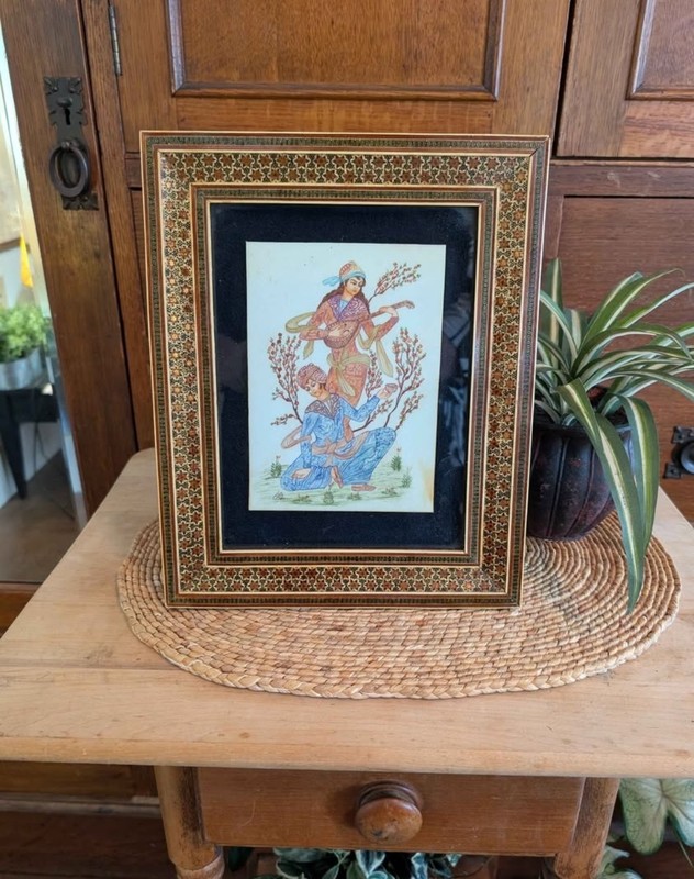 Original Persian Painting on Bone in Khatam Inlaid Wood Tabletop Frame