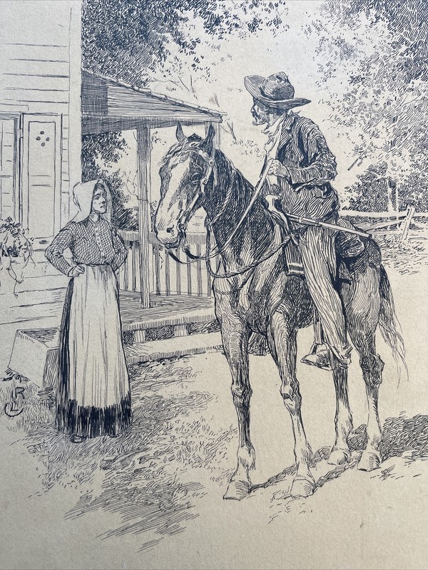 Antique Drawing MAN HORSEBACK Female Model American Book ILLUSTRATION LISTED