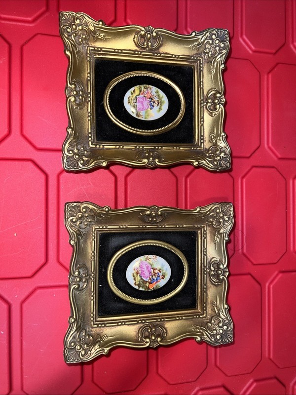 2 Victorian Cameo Gold Framed Prints Square Frame Velvet Matting Romantic