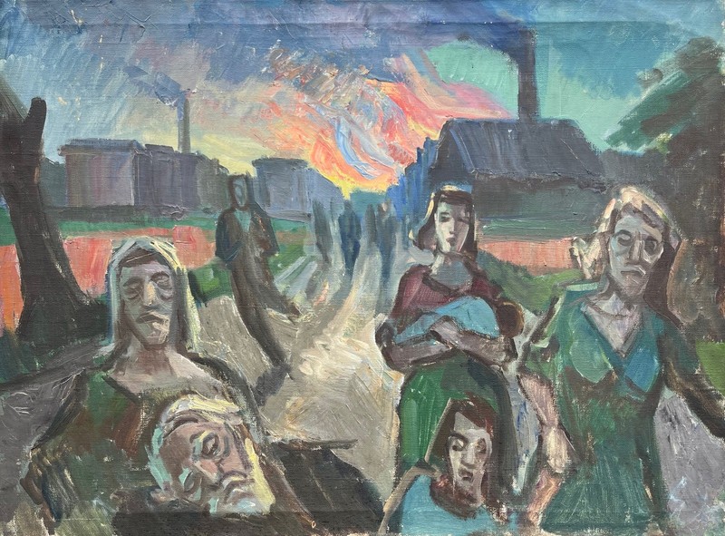 Expressive Realism Painting, Group of People on Street, Oil on Canvas, Antique