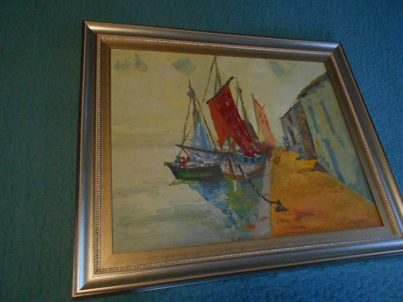 ***KAREN KERSTEN*** ORIGINAL PAINTING/ SBA VERSO/ "BOATS MOORED AT A DOCK" gallery