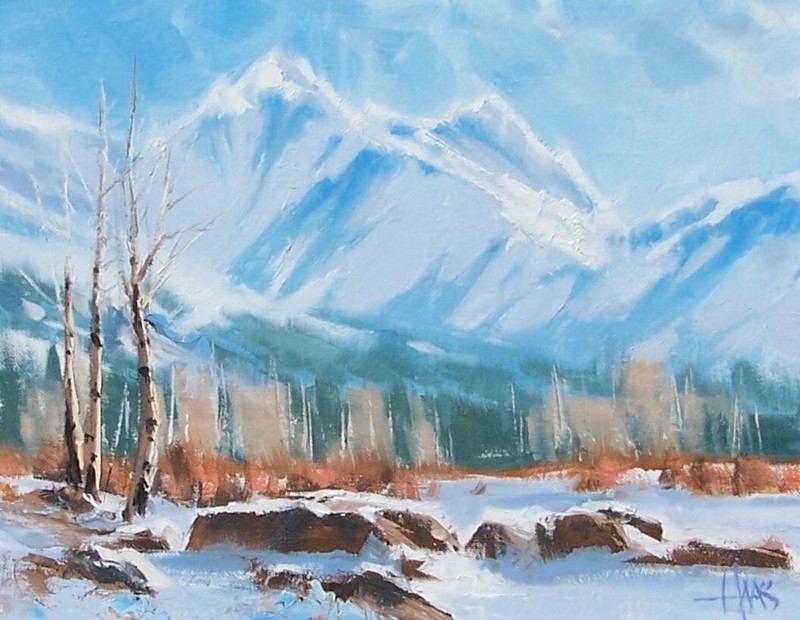 TOM HAAS painting ‘Wind Chill’ oil 11″x14″ Colorado winter mountains snow forest