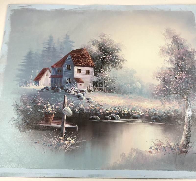 Oil on Canvas Painting Fairy Village in Fog Mystical Winter Signed Dickinson gallery
