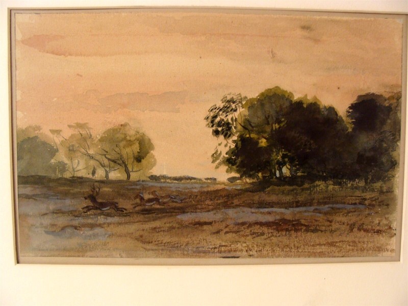 Antique 19C Charles Daubigny Sunset Deer Landscape W/C Painting