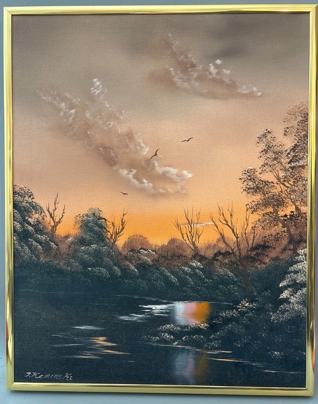 Vintage Signed Kaminski Oil Painting Sunset River Landscape Gold Frame 20x16