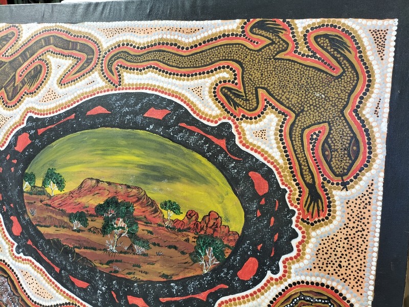 First Nation Aboriginal Art O.L. Khan 2005 Goannas Snake Landscape 100cm x 77cm gallery
