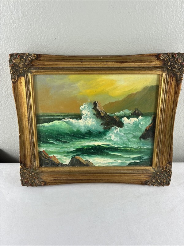 Vintage OCEAN SCENE Small Oil Mini Painting Gold Ornate Frame 7x9 1/2 Signed gallery