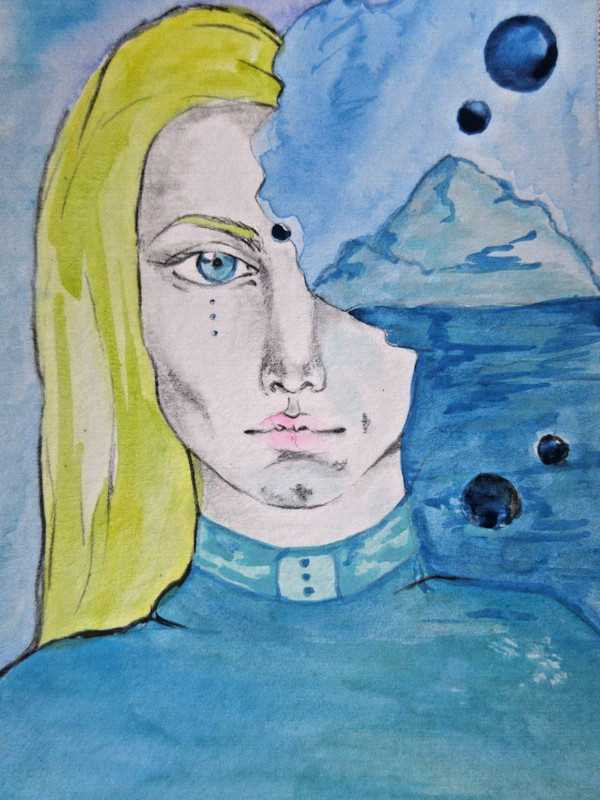 original art watercolor painting portrait alien Nordic Pleiadean cosmic Sci-fi