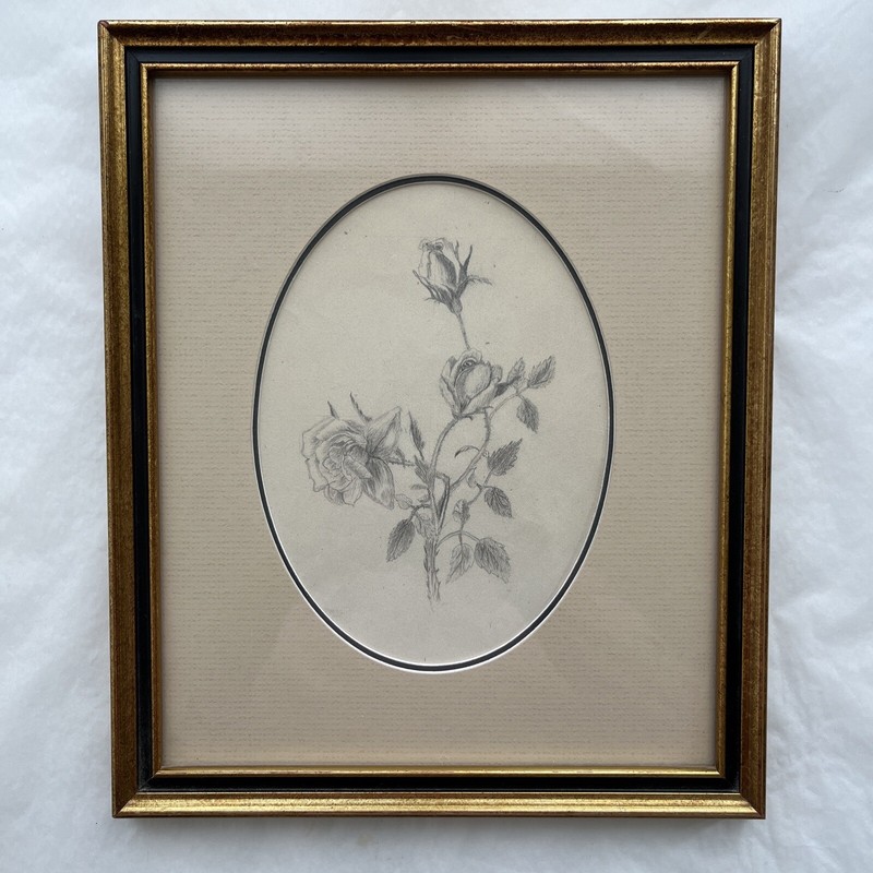 Pencil Drawings Pair Framed Matted UnSigned 9 x 10.5" Roses + Garden Scene gallery