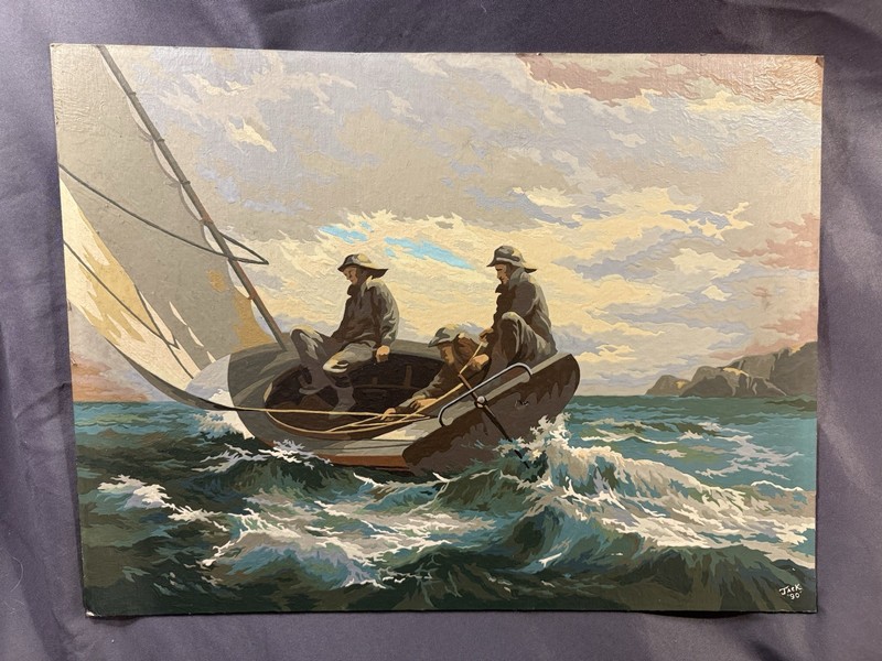 LARGE Vintage Nautical Paint by Number Painting Stormy Fishing Scene