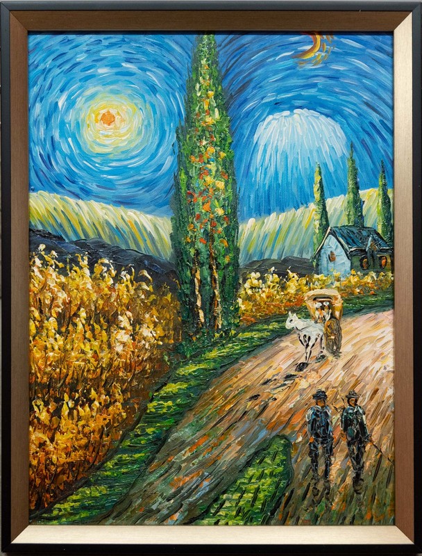 Contemporary After Van Gogh Acrylic On Canvas «Cypress Trees»