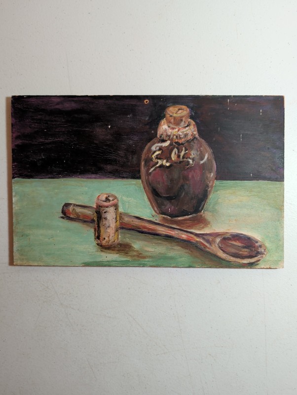 Vtg Primitive Folk Art Still Life Painting Spoon Bottle Rustic Wall 12×7.5″