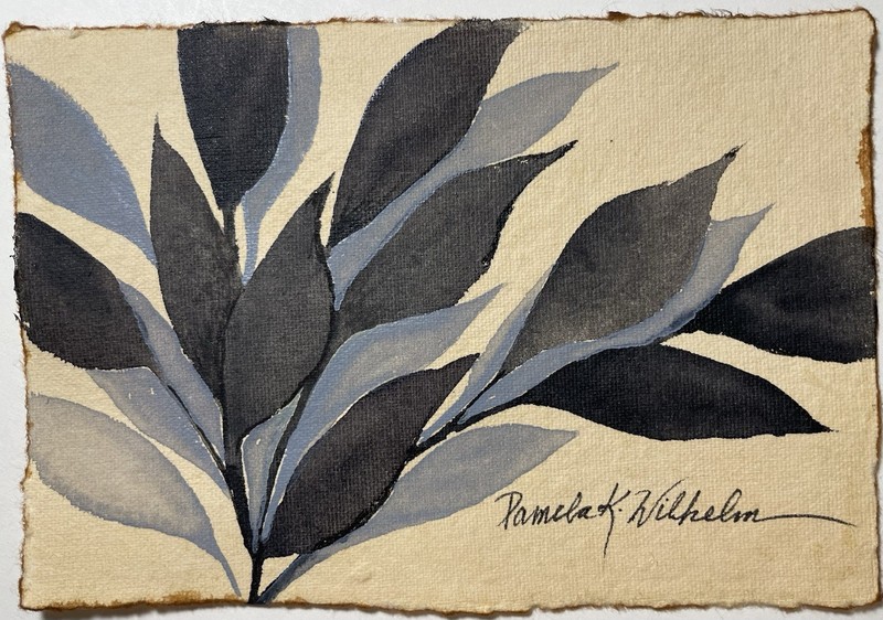 4”X6” Original Watercolor On Tea Stained Paper Grey Leaves By Pamela Wilhelm