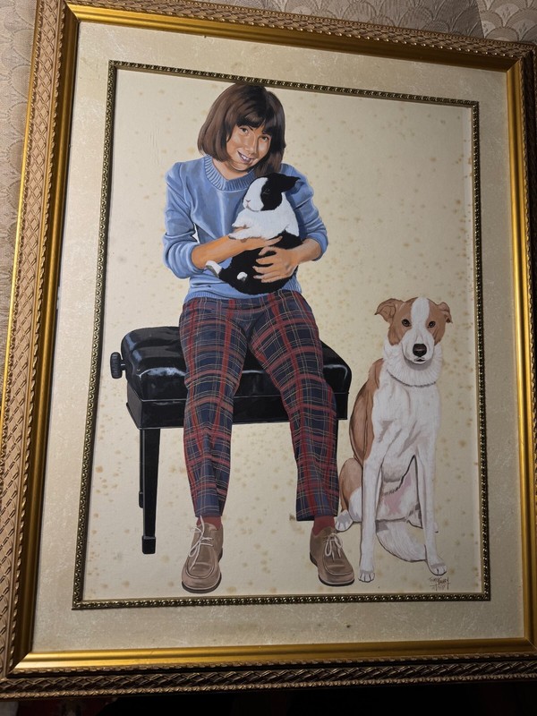 Tom McKinney 1977 «Seated Girl With Rabbit And Dog» Watercolor Painting – Framed