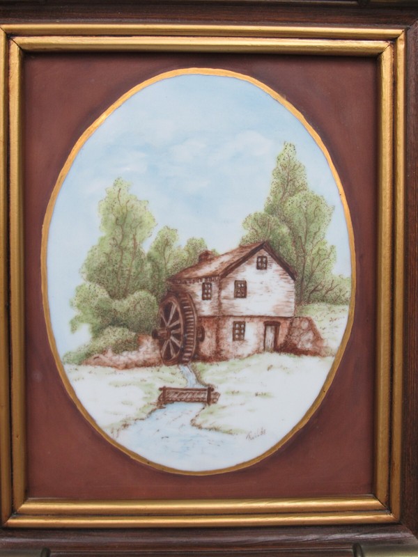 Landscape Oil Painting on Milk Glass MILL CREEK TREE Wood Brass Frame Vtg SIGNED gallery