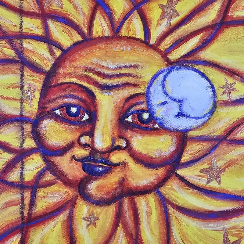 ART - Original Painting - Sun Face Modern Folk Art 21.75x18 In Custom Wood Frame gallery