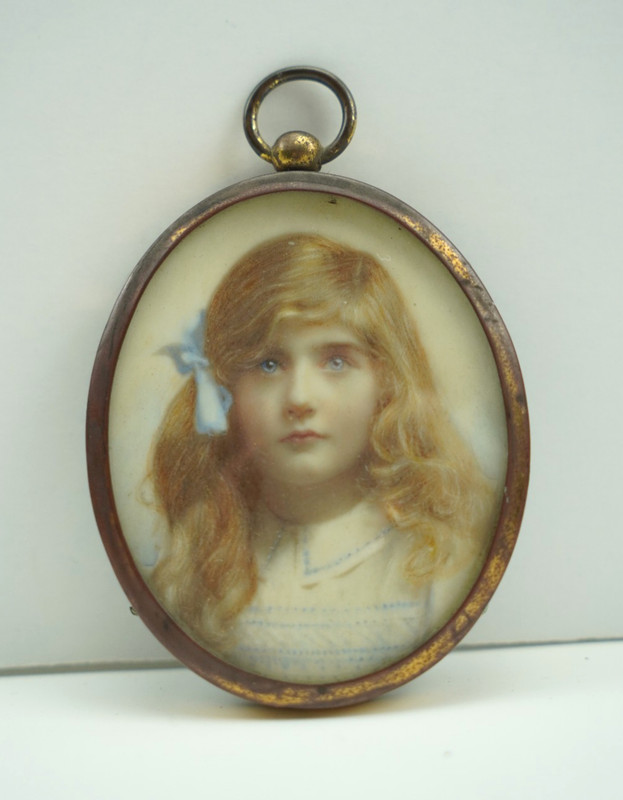 Antique Hand-Painted Portrait Miniature of a Young Girl Mary Circa 1900 2.75 in