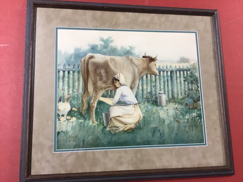 Antique Watercolor Woman Milking A Cow Well Framed