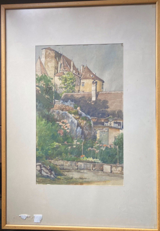 Aquarell Undeutl. Sign. 1968 Ortschaft Mit Festung Burg Anwesen