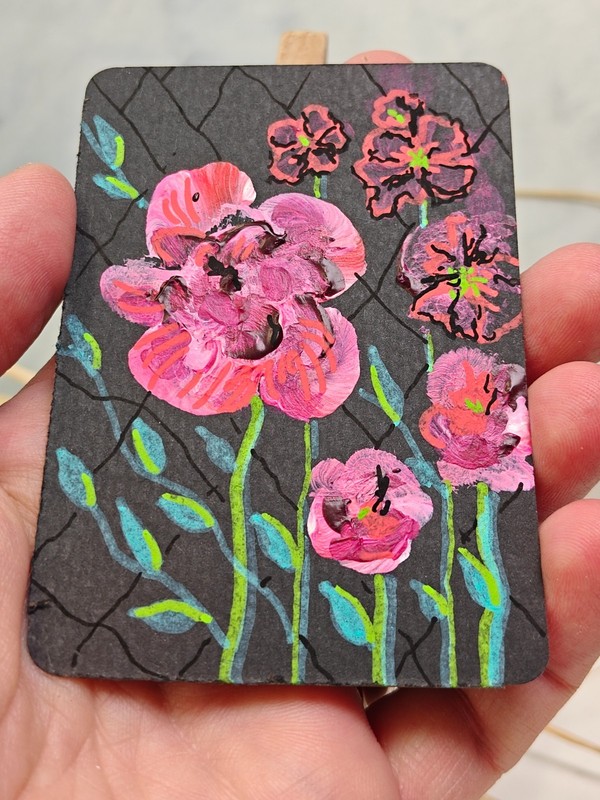 Aceo original painting miniart 2.5x3.5 flowers in black2 Liina Tynkkynen Finland gallery
