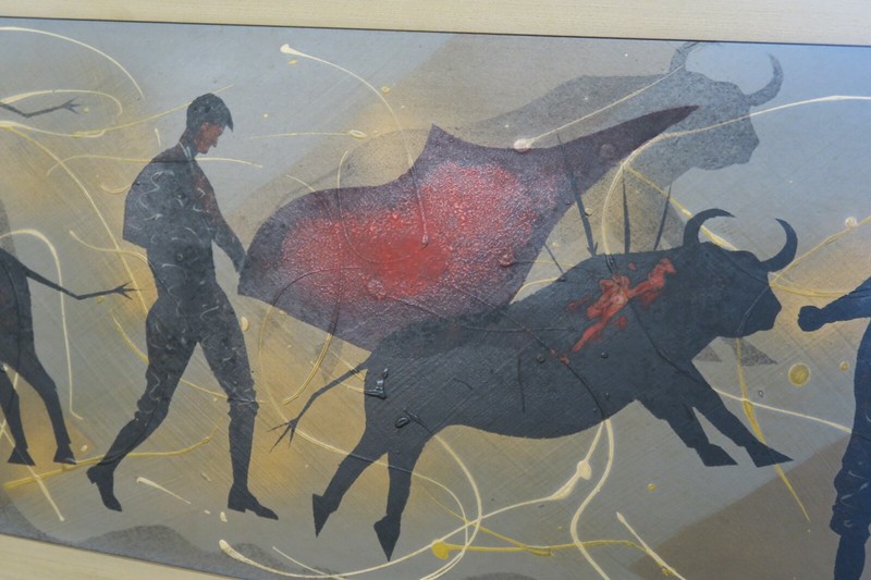 SIGNED EDGAR STARECK 1959 BULLFIGHT COWS OIL ON BOARD PAINTING 11.5" x 39.5" gallery