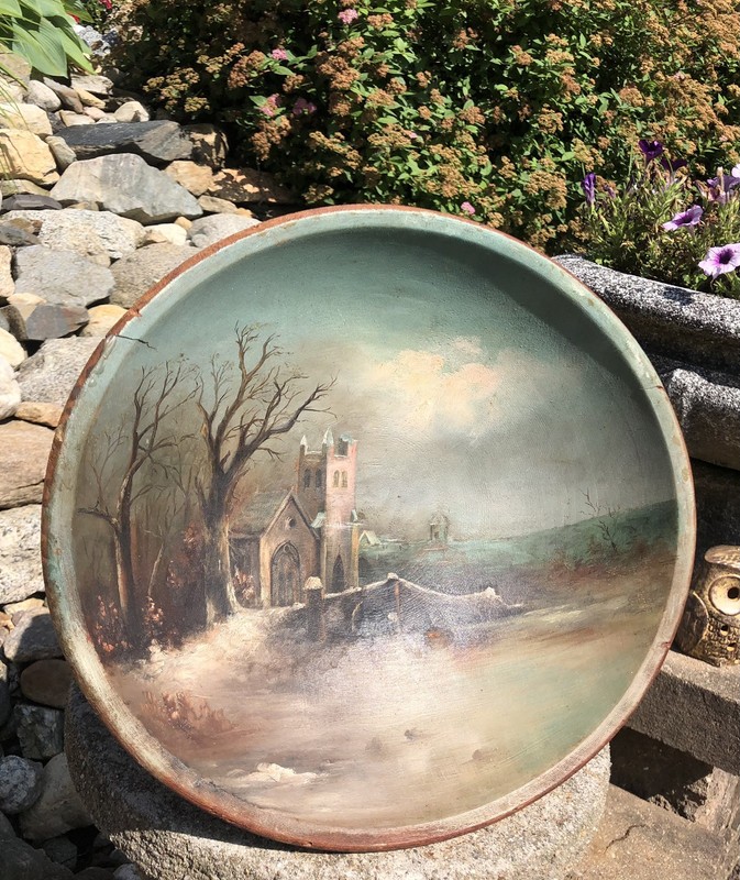 Antique 19th Century Church Cathedral Handmade Oil Painting on Turned Wood Bowl gallery