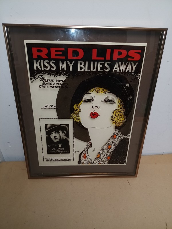 Vtg Painted Glass Design 20s Red Lips Kiss My Blues Away Barbelle Signed
