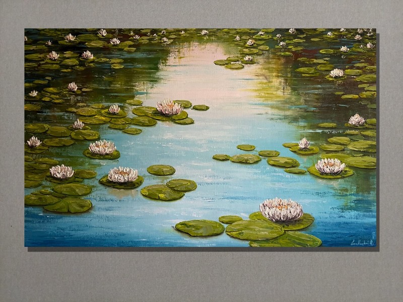 Blossoming water lilly pond impasto colorful summer oil painting. Lotus flower