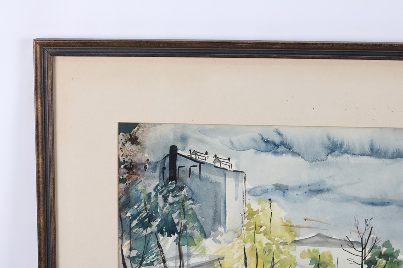 Vintage Olde Country Mill Landscape Watercolor Painting Unsigned gallery
